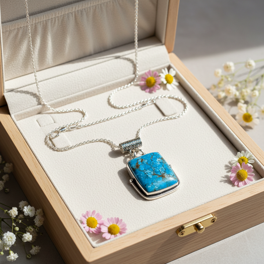 Handcrafted Genuine Turquoise Pendant Necklace – 925 Sterling Silver