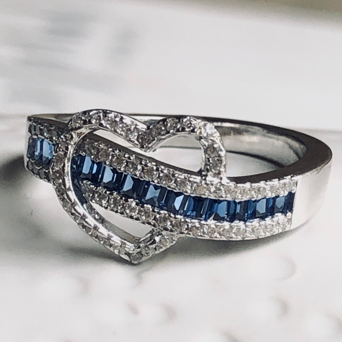 Heart Blue Baguette Cz Ring