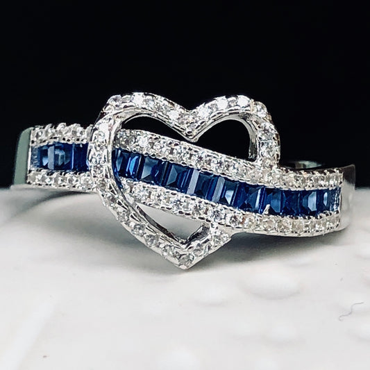 Heart Blue Baguette Cz Ring